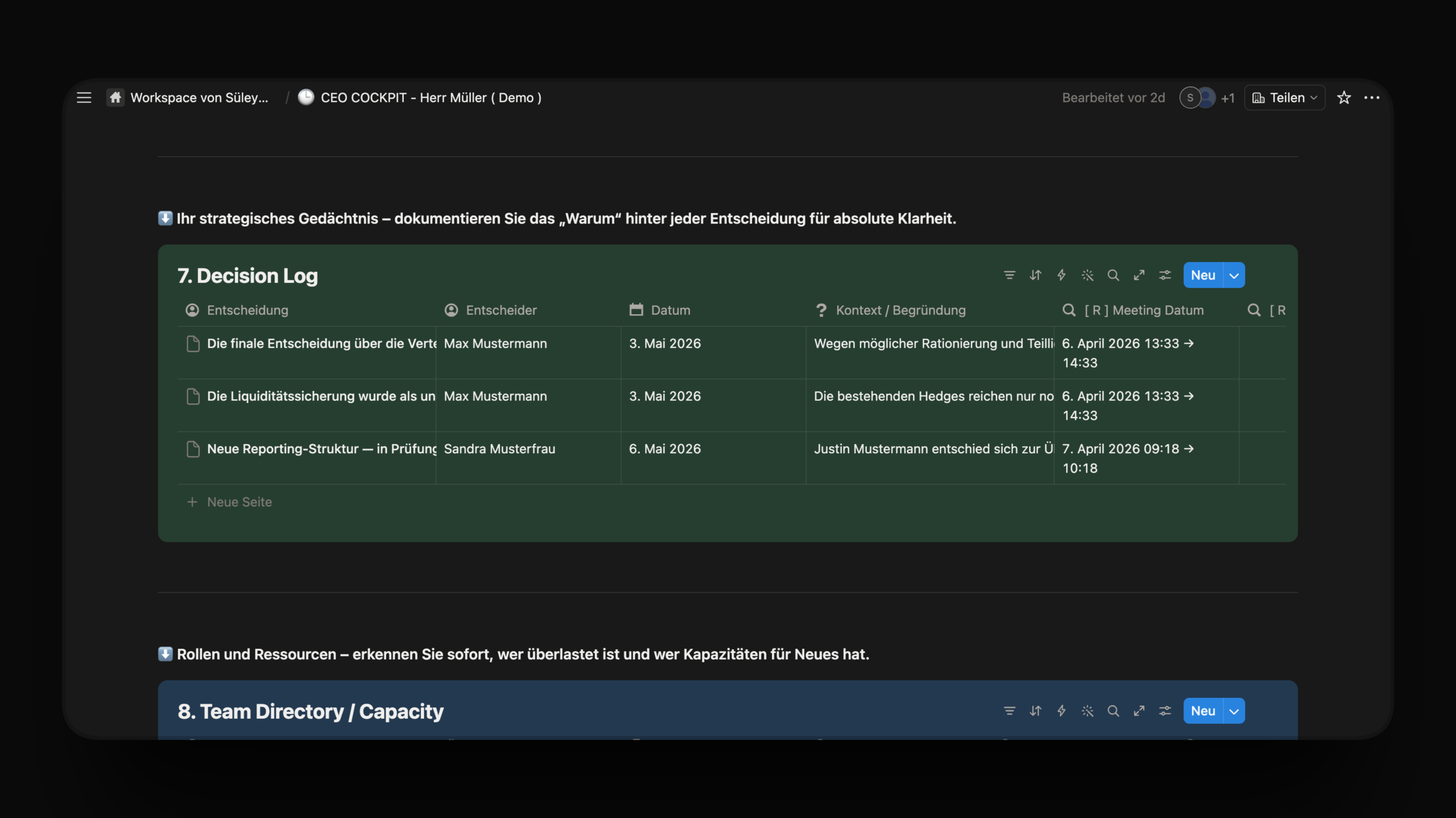 Screenshot of a digital project management workspace showing a decision log table with entries for decisions, decision makers, dates, and context, part of a larger workspace interface.