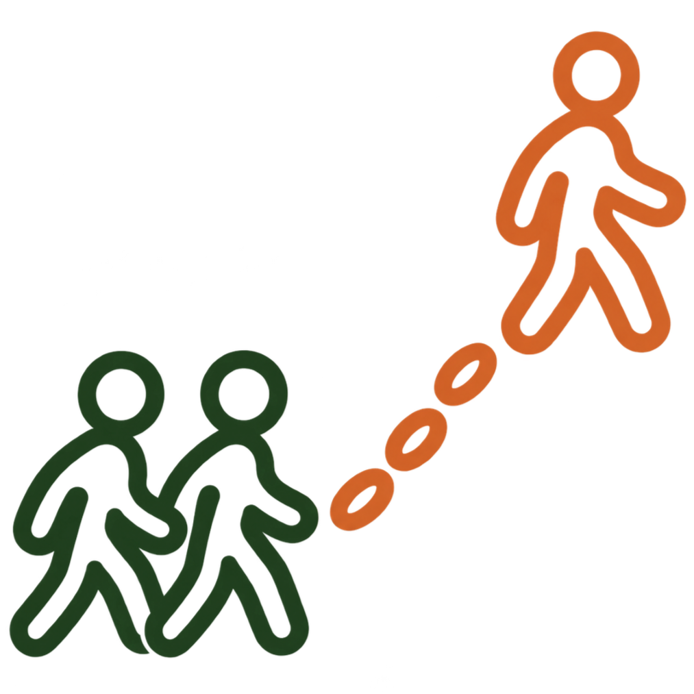 Illustration of two green figures climbing a step ladder, helping a red figure to step up onto a higher level.