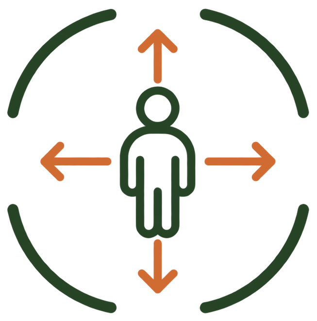 A human icon with arrows pointing in four directions: up, down, left, and right, indicating movement or directionality.