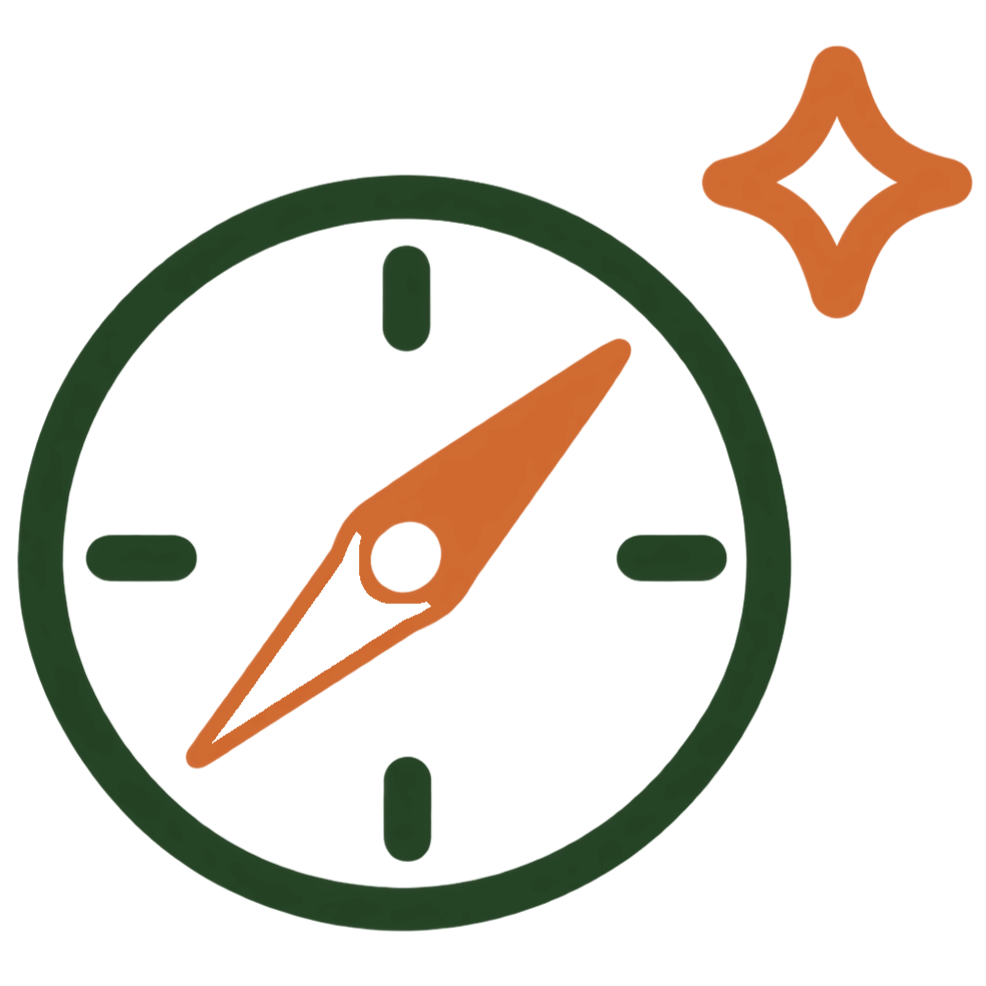 A stylized clock with orange hands pointing to 1:30, green outlines, and an orange sparkle symbol in the upper right corner.