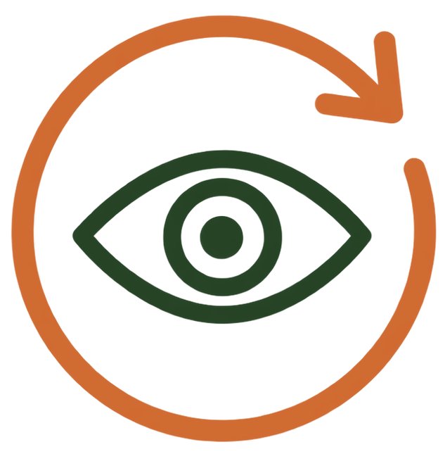 A stylized eye in the center with a circular arrow surrounding it.