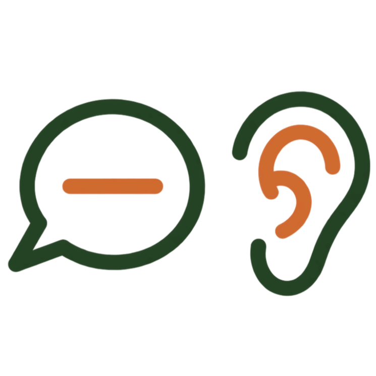 Illustration of a speech bubble and an ear with sound waves indicating listening and communication.
