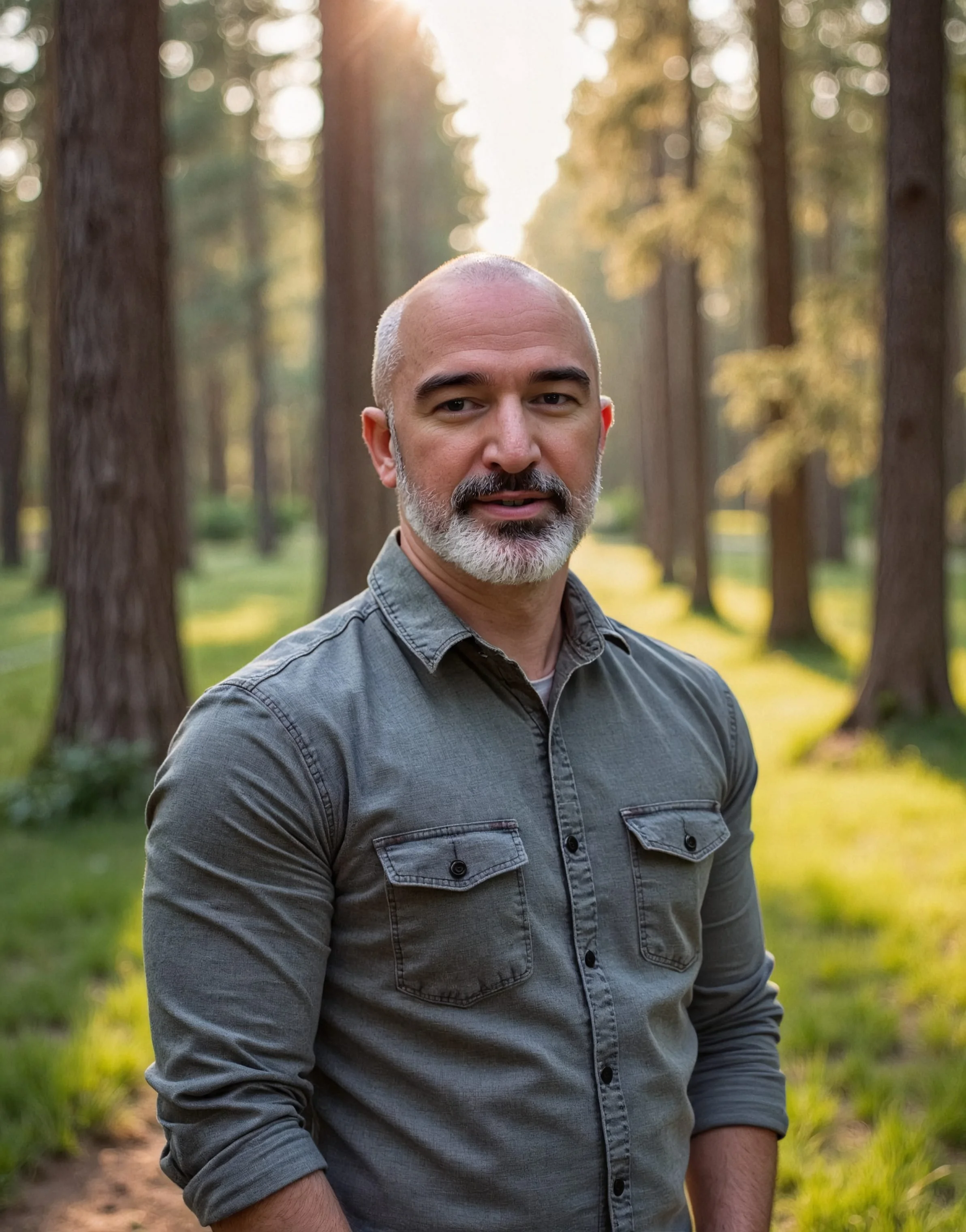 A middle-aged man with a beard and dressed in a gray button-up shirt, standing outdoors in a wooded area with tall trees and sunlight filtering through the leaves.
