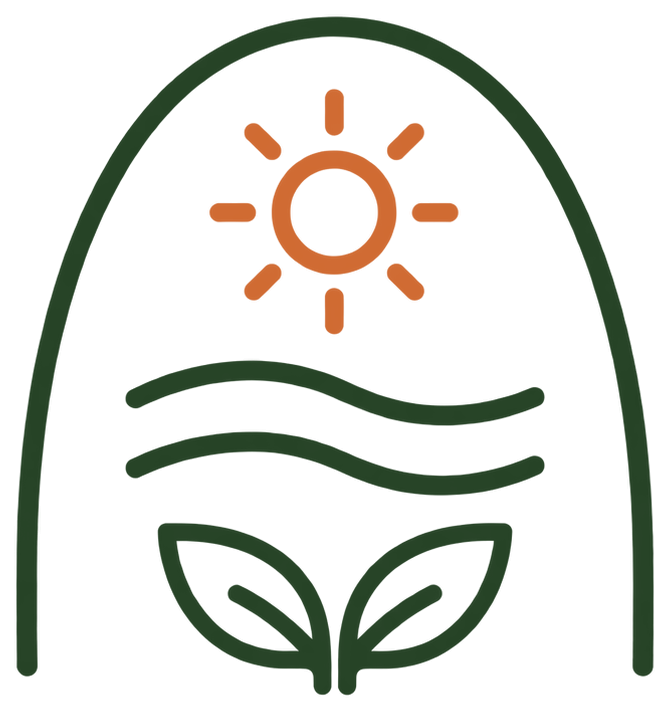 An illustration of a plant with a sun above it and two wavy lines representing water or growth.