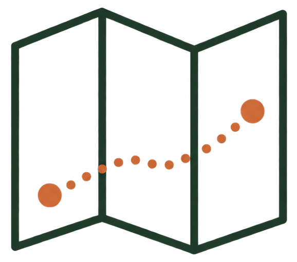 A three-panel folding display with a black background and a yellow line connecting brown circular icons representing a process or sequence.