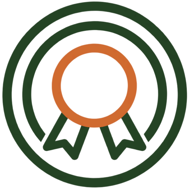 Illustration of a badge or award ribbon with a circular orange center, green outer circle, and two ribbon tails.