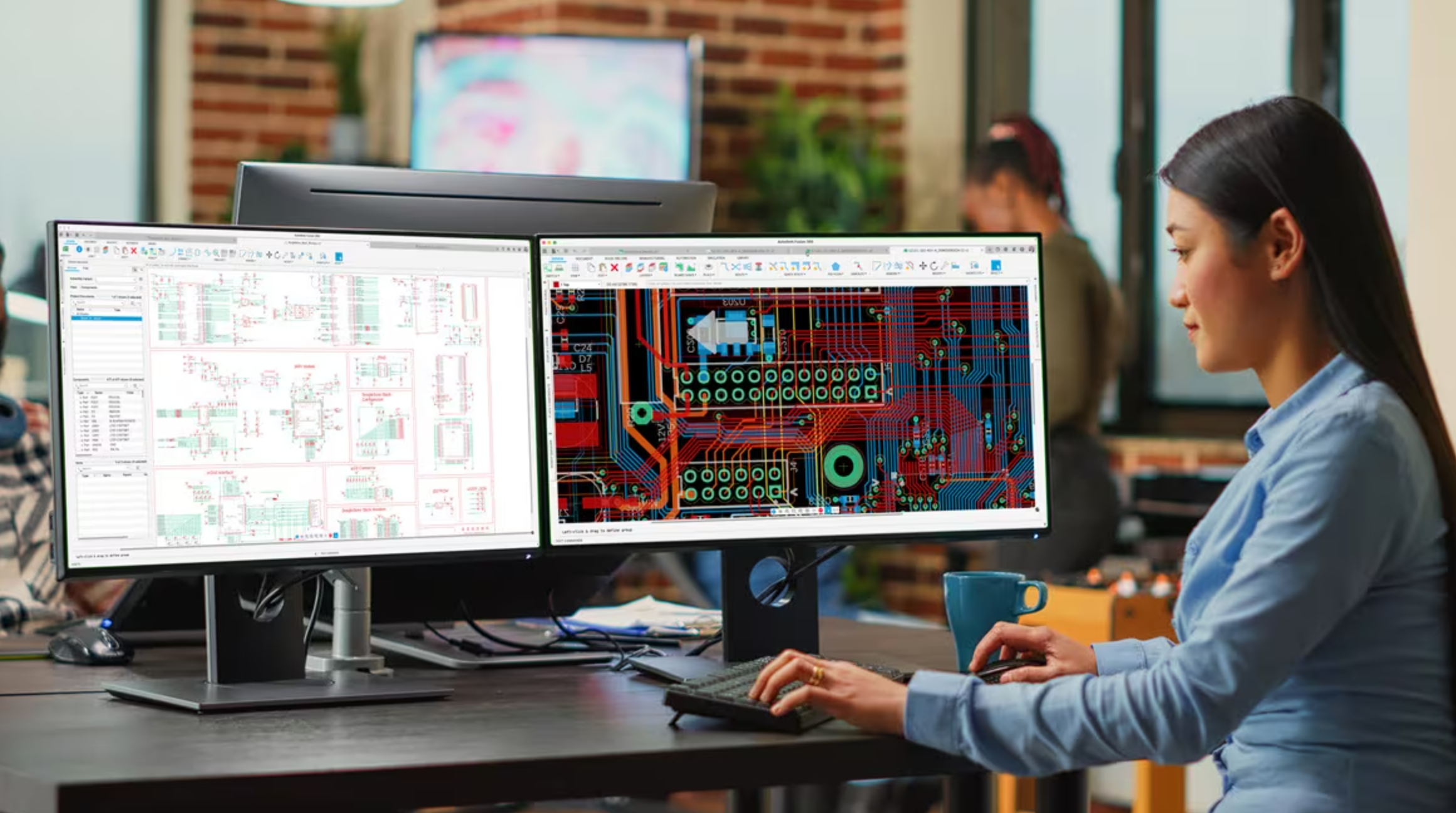 Engineer reviewing PCB schematic and board layout on dual monitors