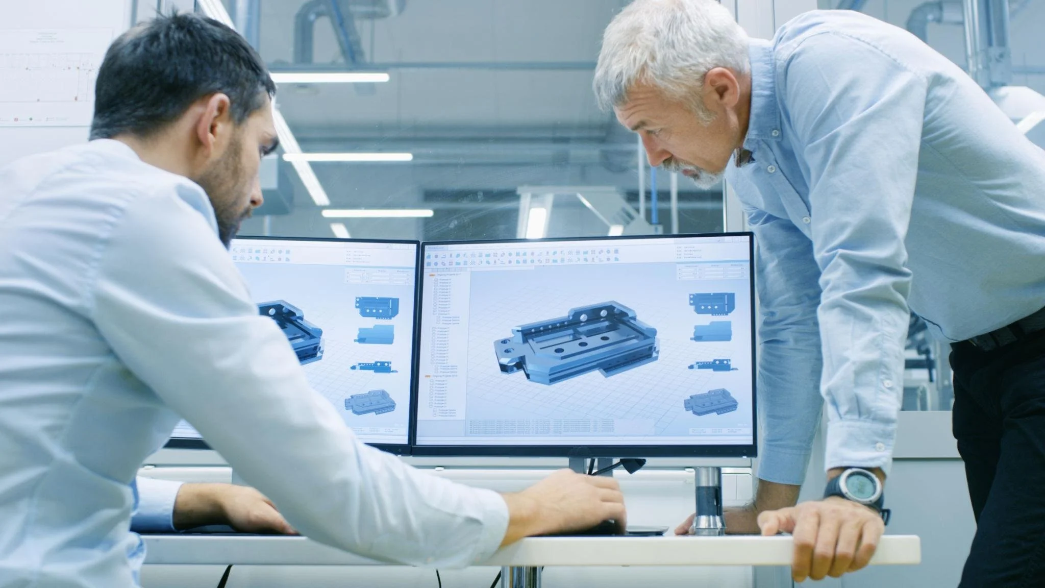Two engineers reviewing a mechanical CAD model on dual monitors