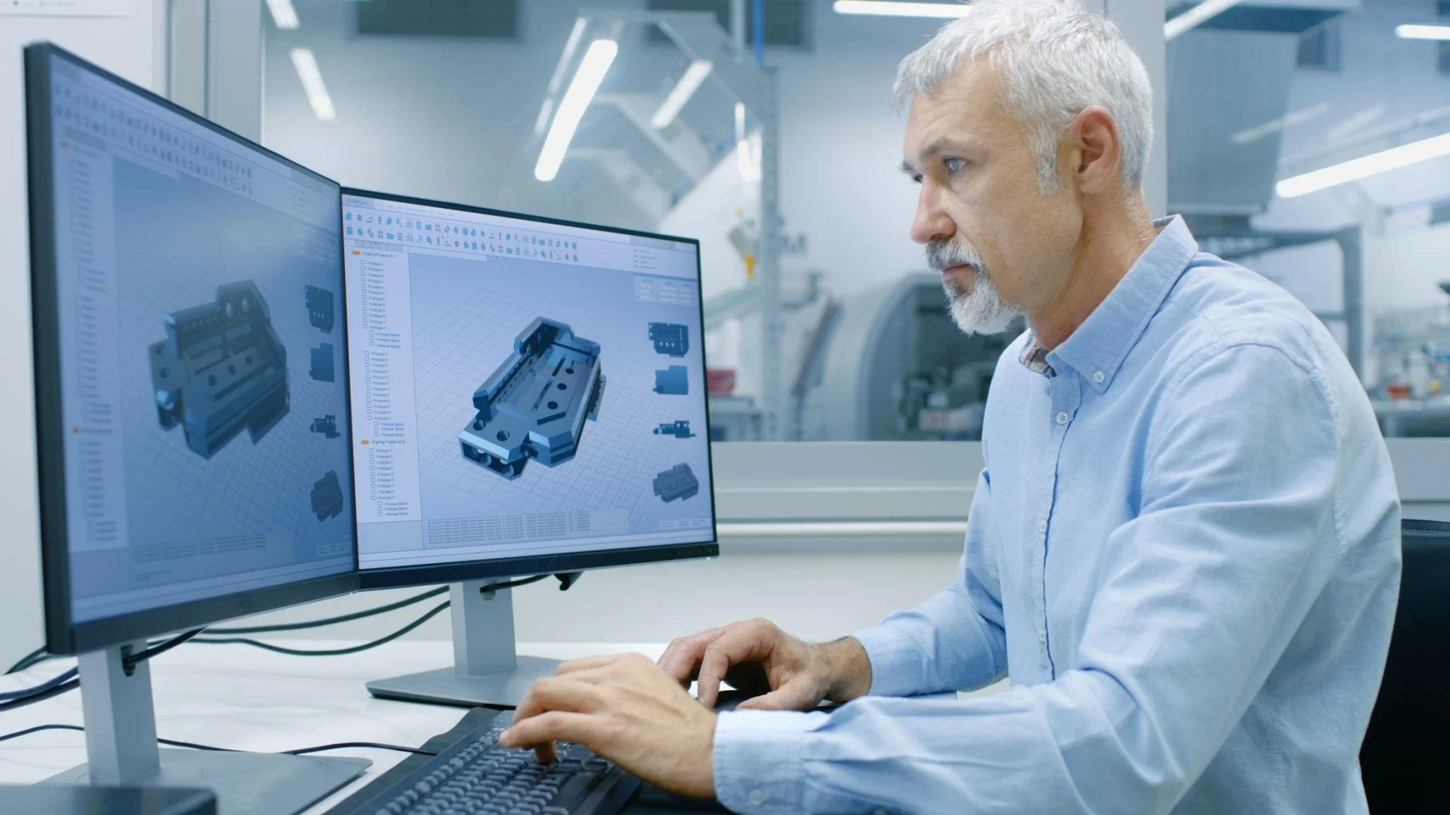 An engineer working at dual monitors with a 3D CAD model on screen