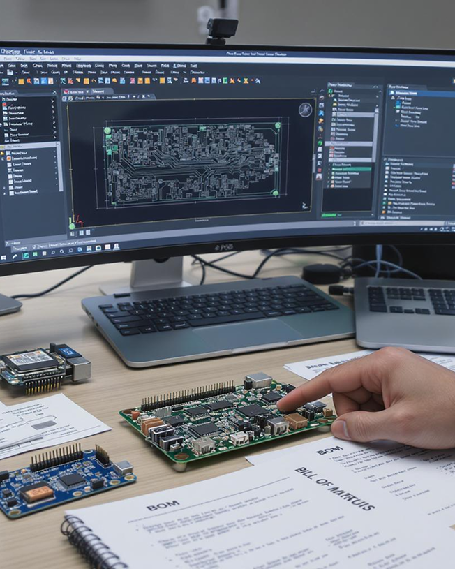 PCB design workflow with board layout on screen, prototype boards and BOM documents on a desk