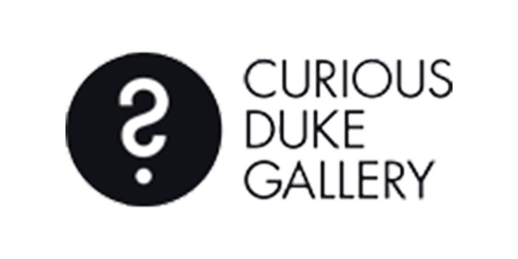 Black circle with a white question mark inside, next to the words 'Curious Duke Gallery' in black text.