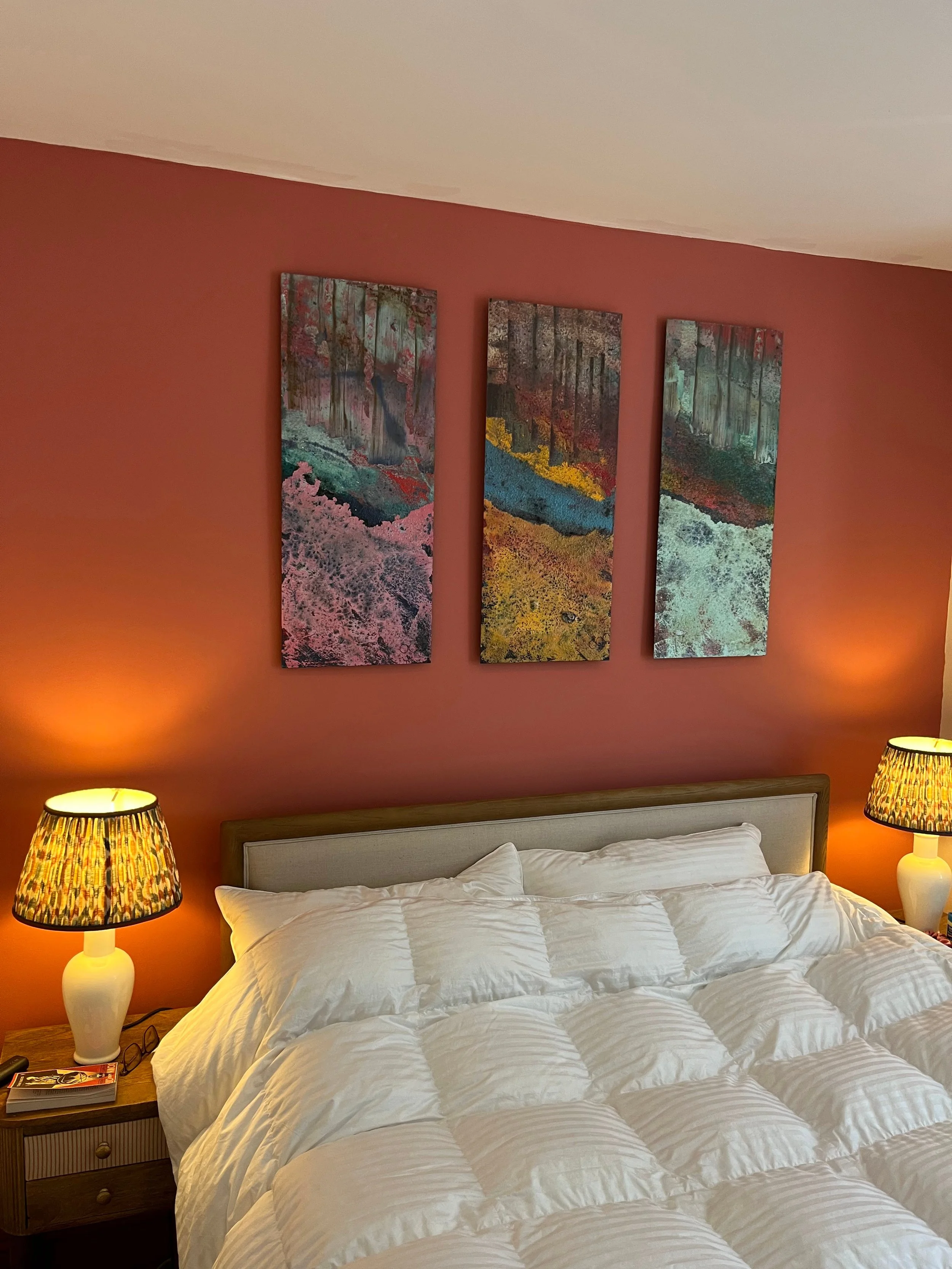 This was a small project we did for some clients in West London after the couple acquired my artwork at Fresh ArtFair in 2025. The work was collated to work with the clients bedroom.