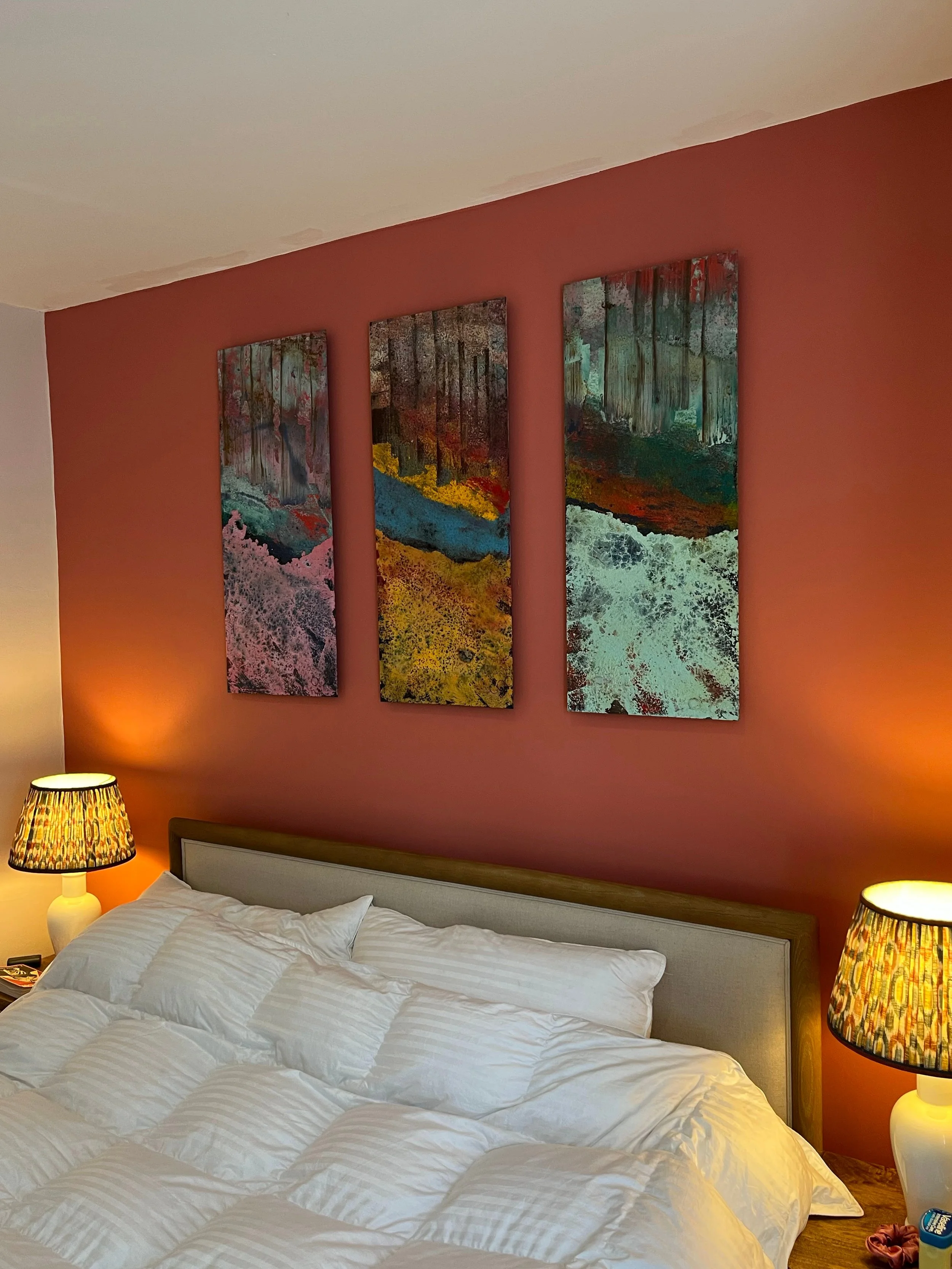 This was a small project we did for some clients in West London after the couple acquired my artwork at Fresh ArtFair in 2025. The work was collated to work with the clients bedroom.