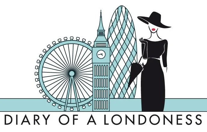 Illustration of iconic London landmarks including the London Eye, Big Ben, and the Gherkin with a woman in a black dress and hat holding an umbrella, and the text "Diary of a Londoness".