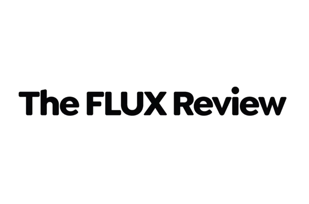 Text in black and white reads "The FLUX Review" on a black background.