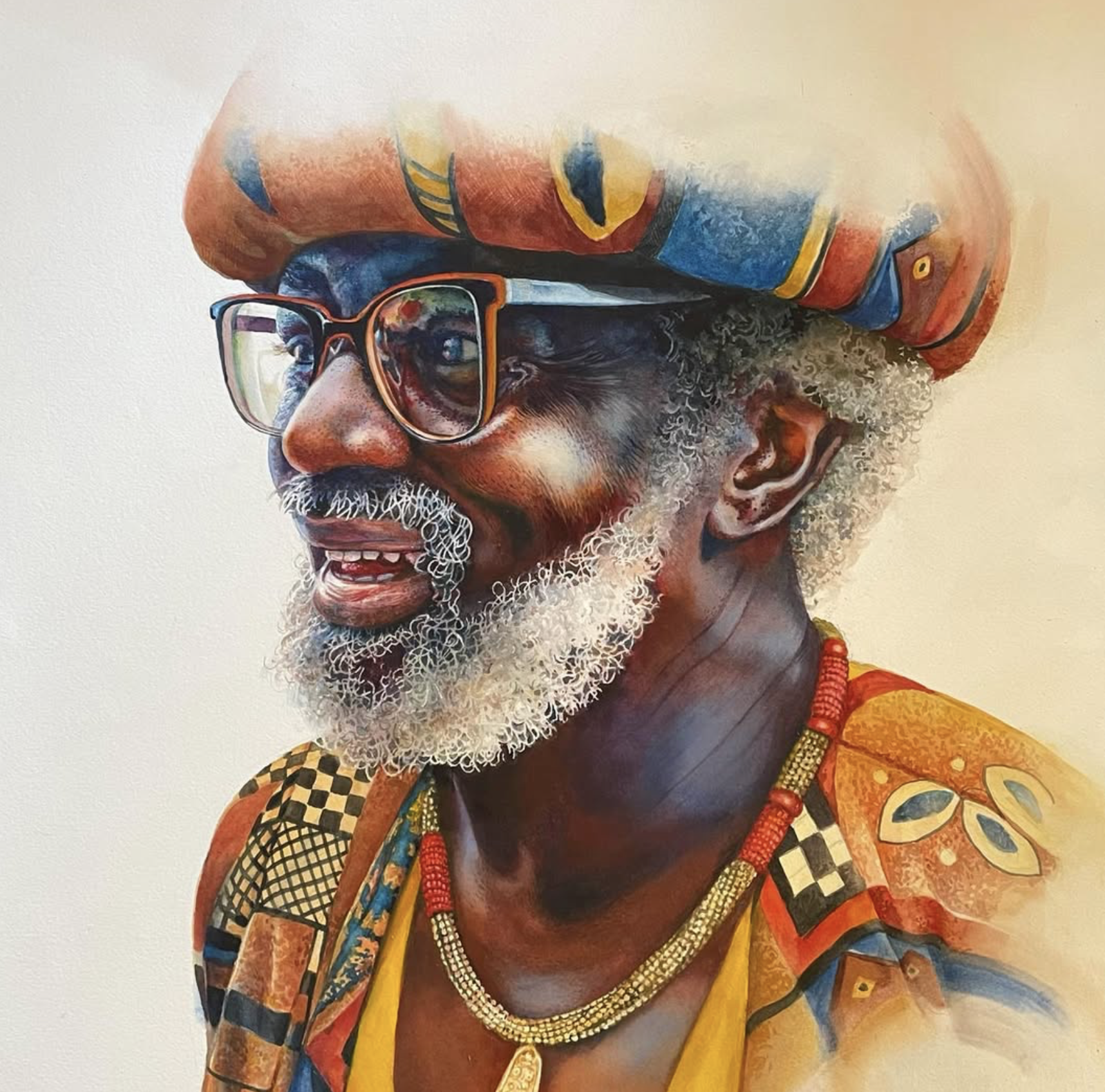 A colorful, artistic portrait of an elderly African man with glasses, a gray beard, and traditional African clothing and jewelry, wearing a large, vibrant head wrap.