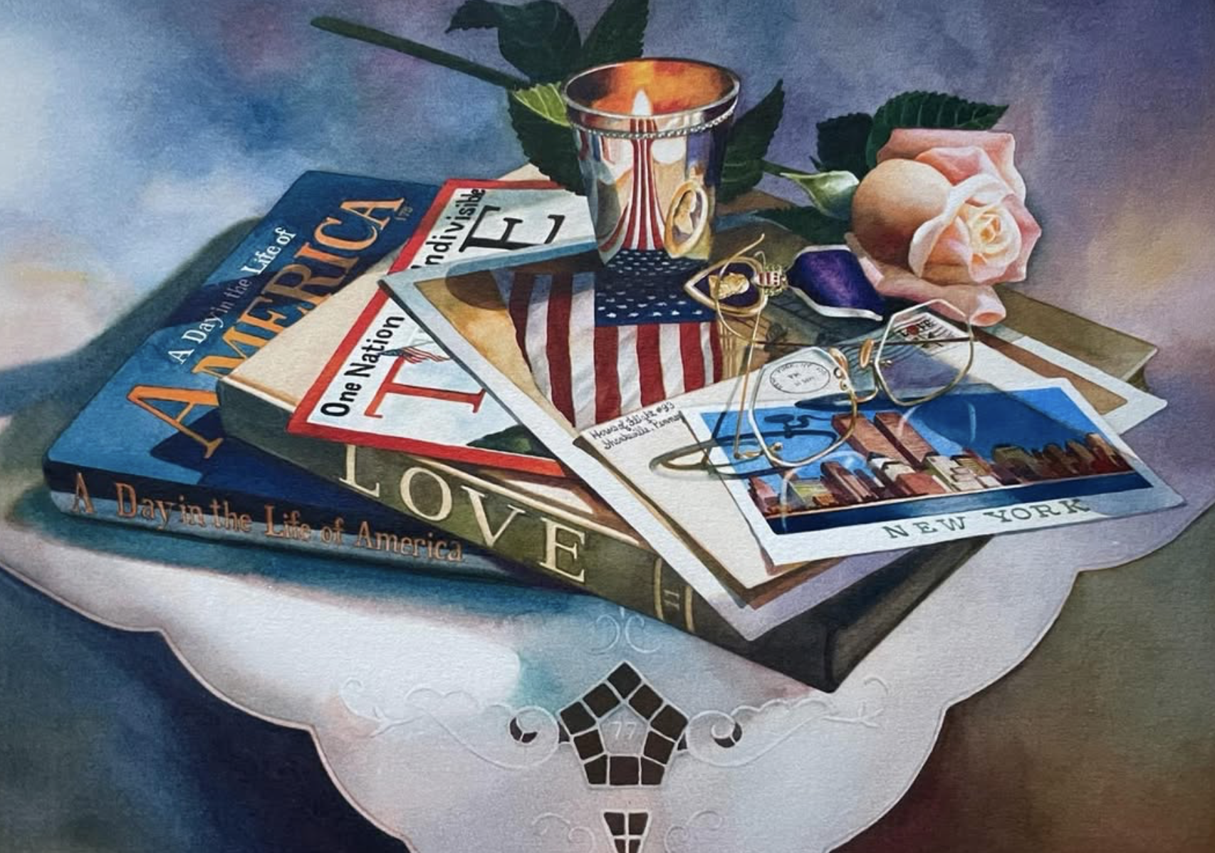 A still life painting featuring magazines, a candle holder, a pink rose, sunglasses, a keychain, and a small booklet, all arranged on a lace-trimmed tablecloth.