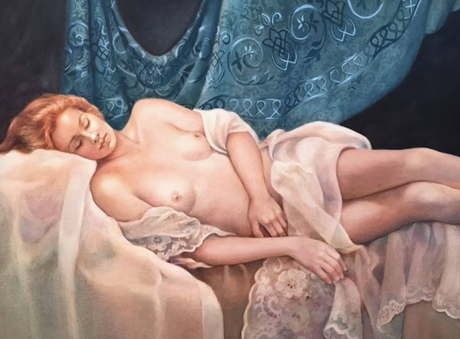 A realistic painting of a woman lying on a bed with a blue patterned sheet, her eyes closed, wearing a sheer pink nightgown.