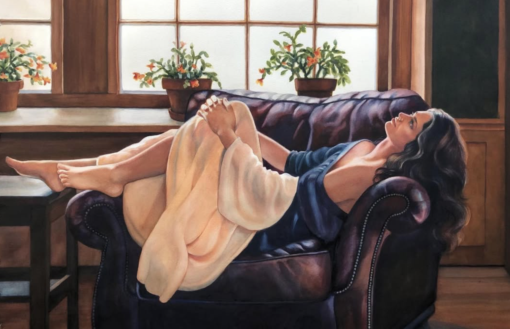 Painting of a woman with long dark hair lying on a purple leather sofa, covered with a yellow blanket, in a room with large windows and potted plants.