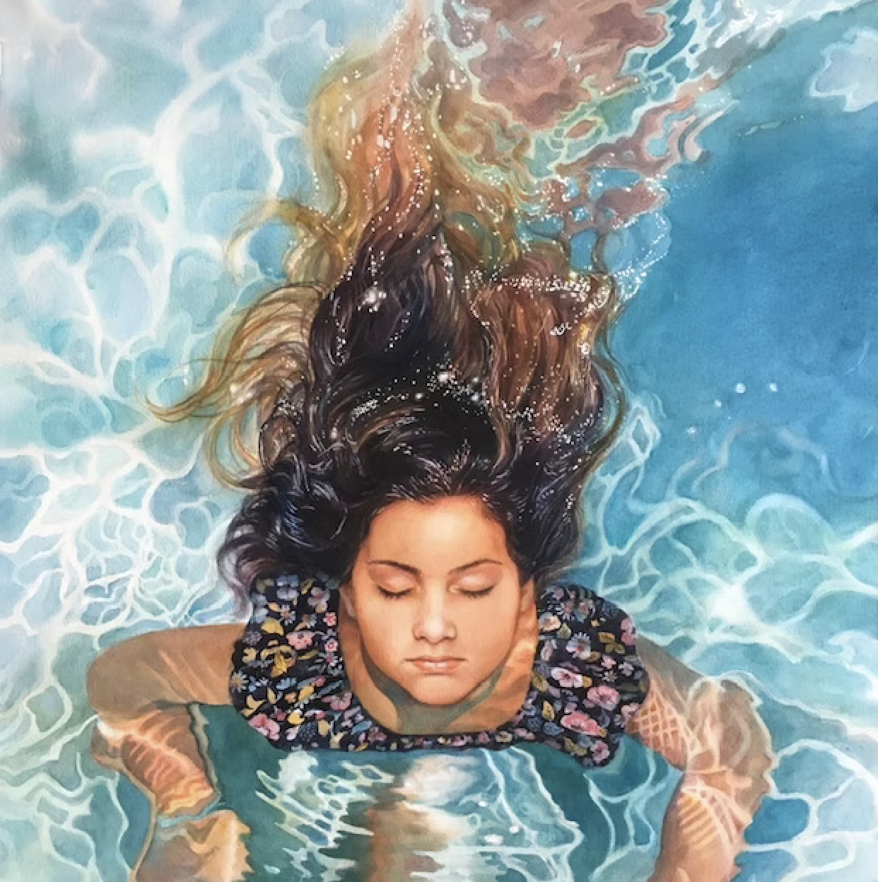 A woman with long dark hair floating on her back in a swimming pool with her eyes closed, wearing a floral-patterned swimsuit.