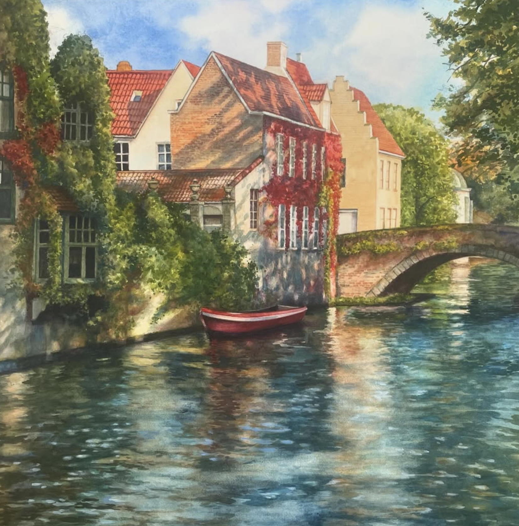A watercolor painting of a canal with a red boat in the water, old buildings with red-tiled roofs, and lush green trees on either side, under a blue sky with some clouds.