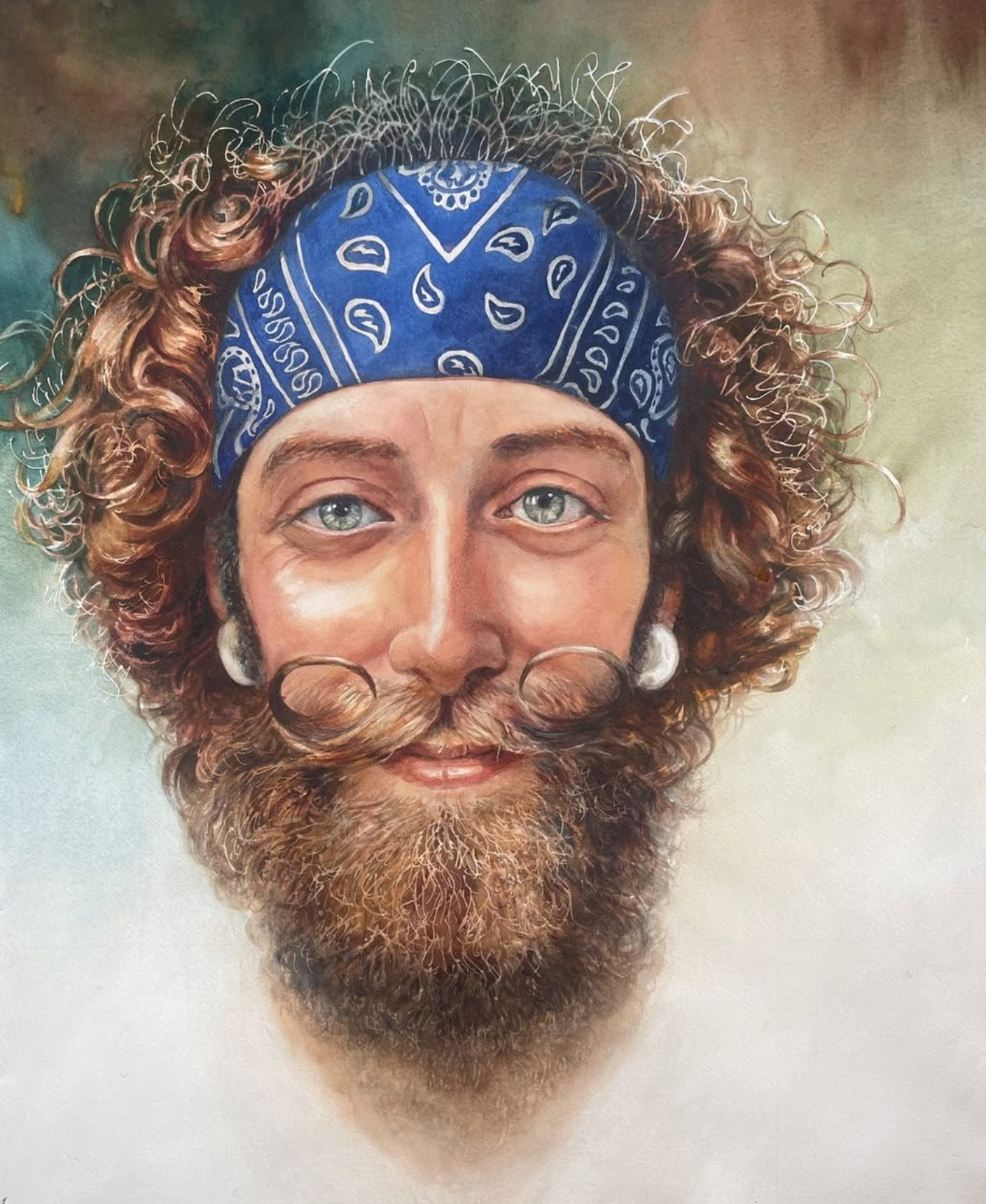 A watercolor portrait of a man with curly hair and beard, wearing a blue bandana with white patterns, and white earrings.