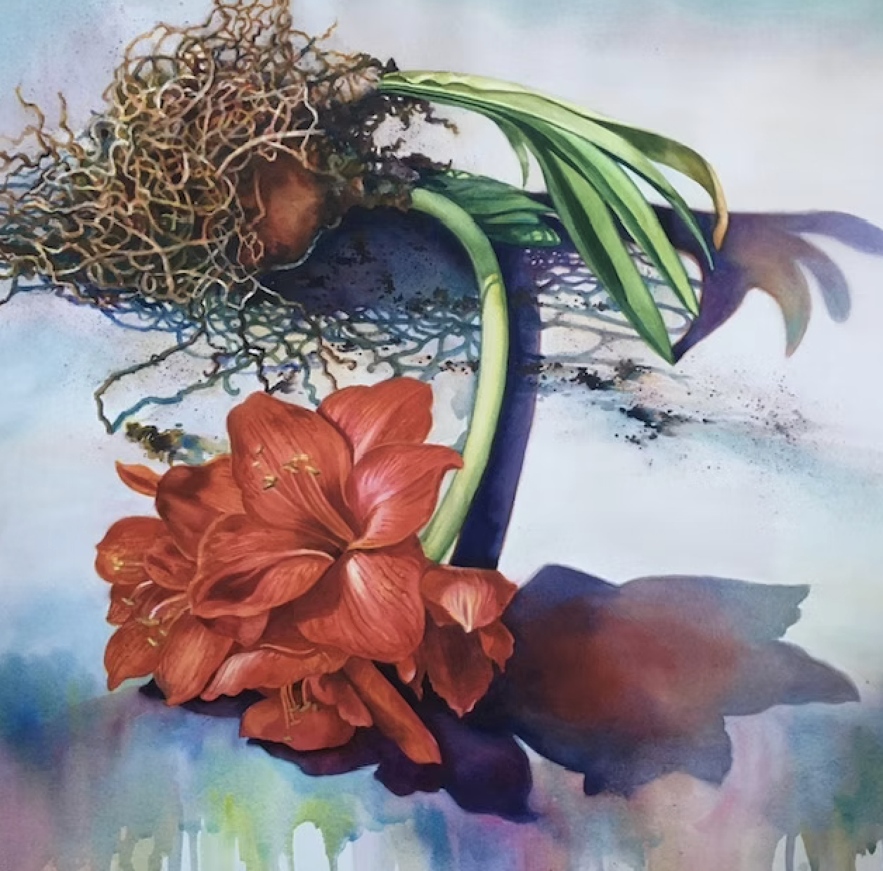 Painting of a plant with a Red flower, green leaves, and a tangled root system against a colorful abstract background.