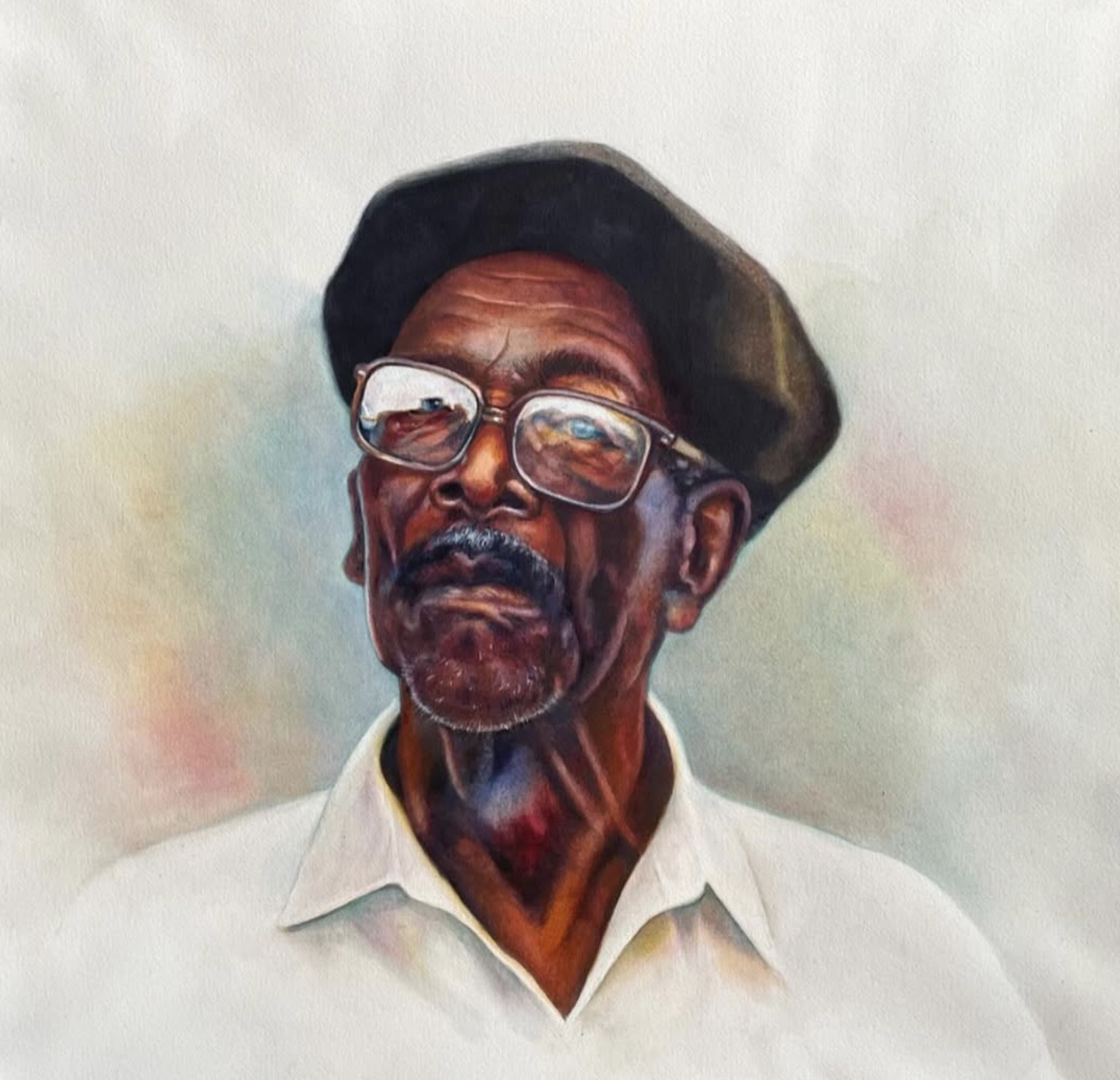 Painting of an elderly man with glasses, a dark hat, and a white collared shirt, against a soft pastel background.