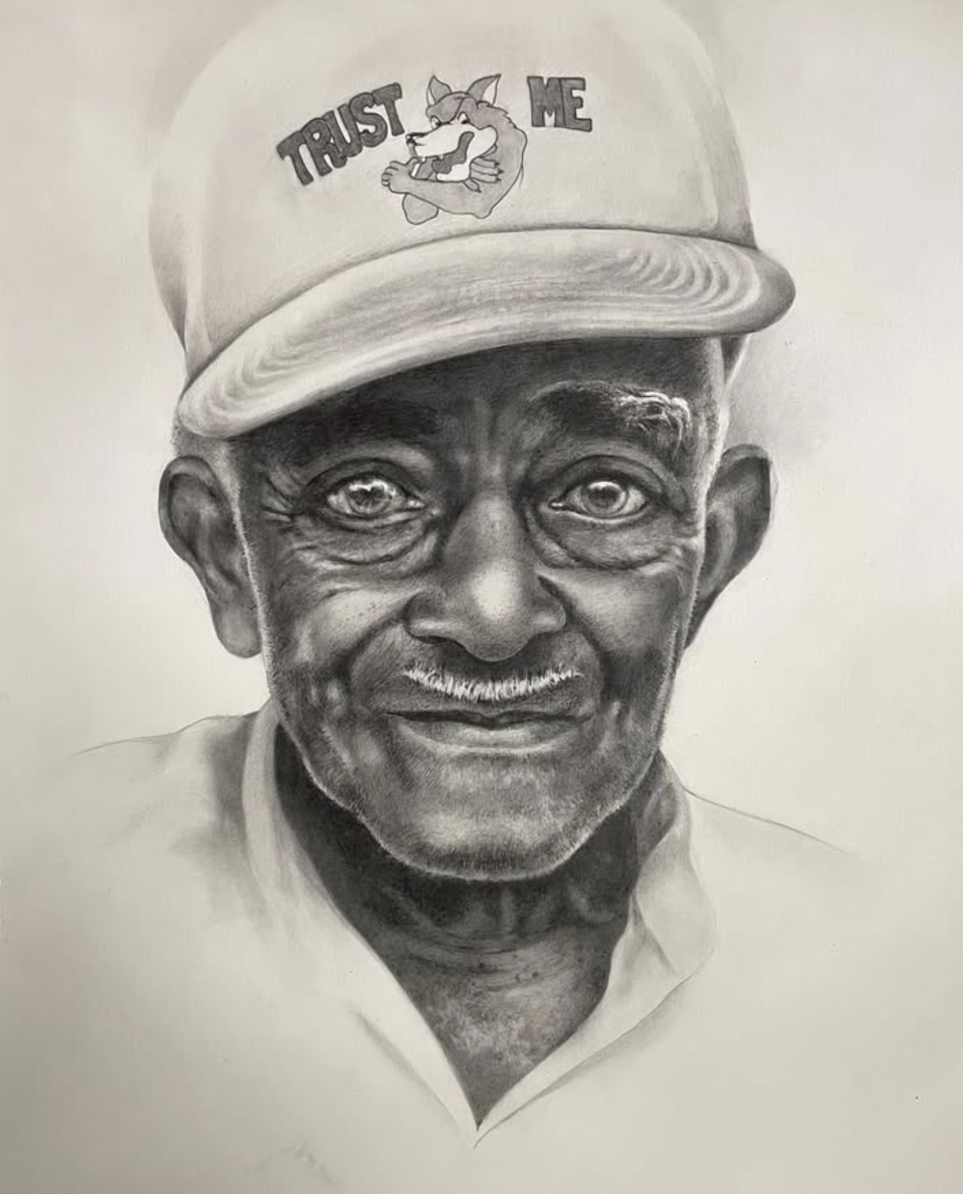 A detailed pencil portrait of an elderly man wearing a cap that has a cartoon wolf and the words 'TRUST ME' on it.