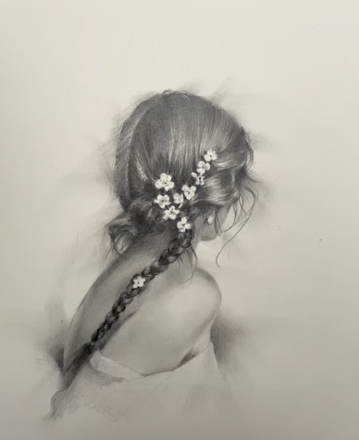 A pencil sketch of a girl with long hair braided and decorated with small flowers, seen from behind.