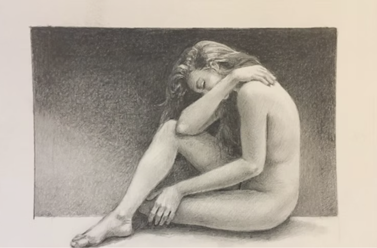A detailed pencil drawing of a nude woman sitting curled up with her head resting on her knee and her arms wrapped around her legs.