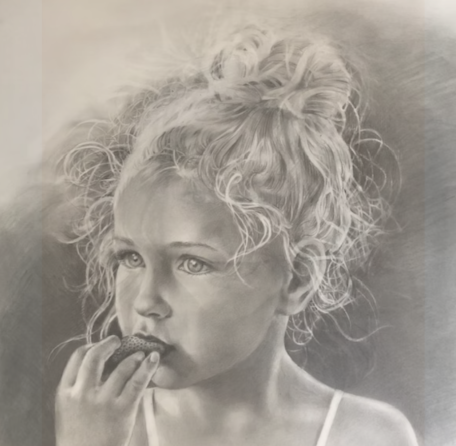 A detailed black and white drawing of a young girl with curly hair, holding a strawberry near her lips.