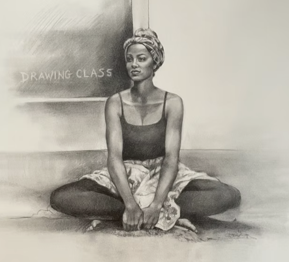 A realistic pencil drawing of a young woman sitting cross-legged on the floor in front of a blackboard that has 'Drawing Class' written on it. She is wearing a headscarf, a spaghetti strap top, and a skirt.