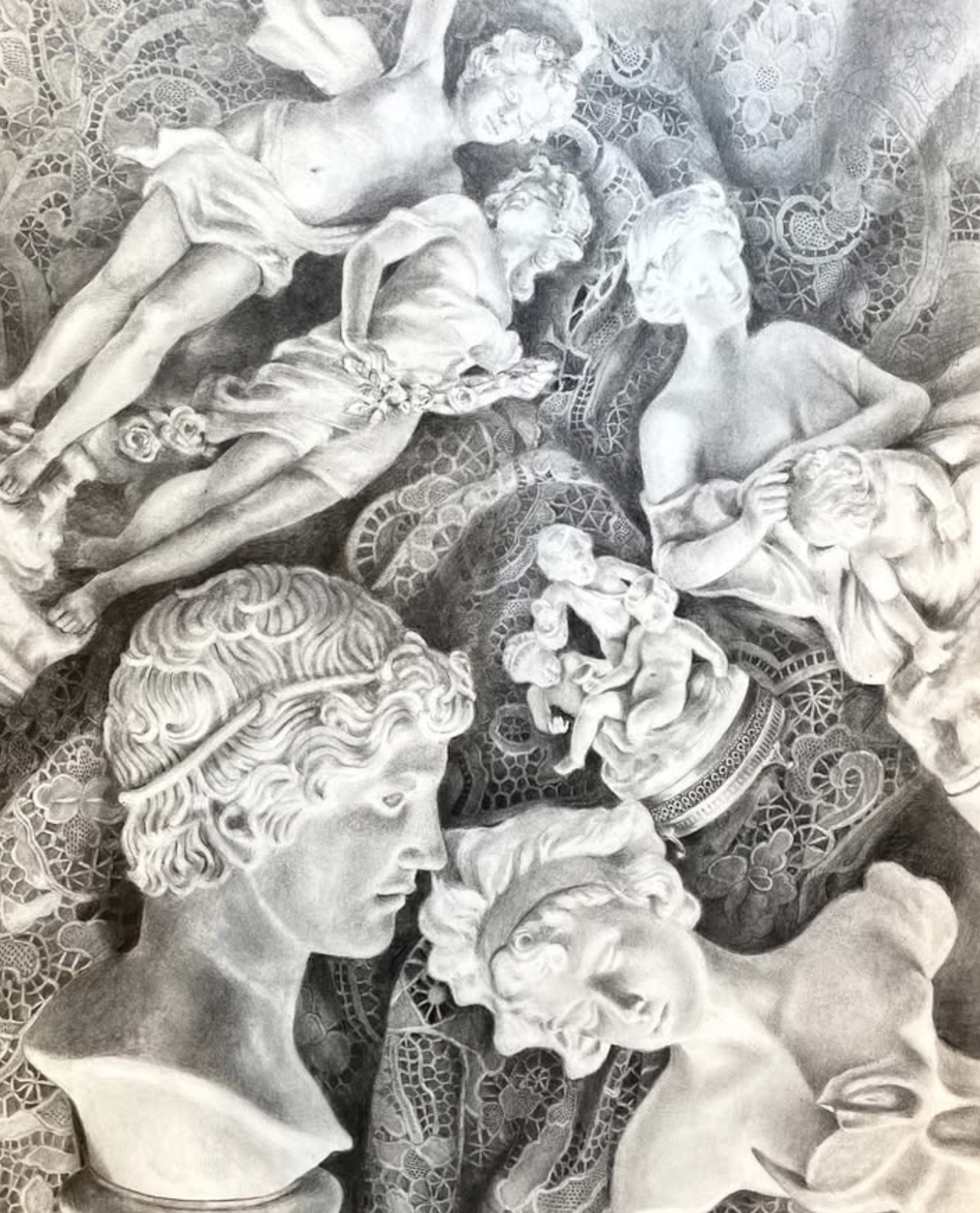 Detailed grayscale drawing featuring classical sculptures of faces and bodies, intertwined with intricate patterns and decorative elements.