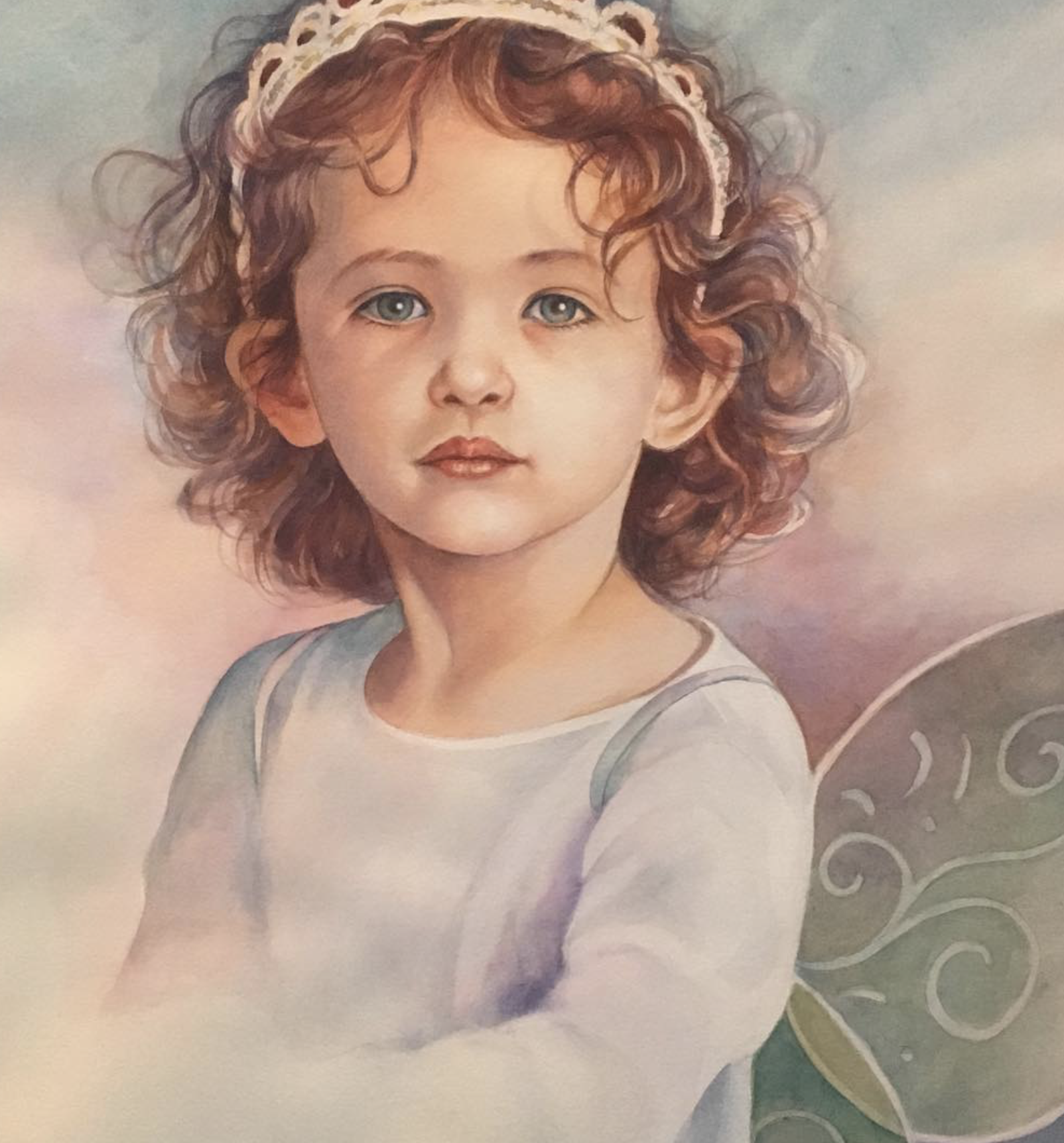 A digital painting of a young girl with curly red hair, blue eyes, and fair skin. She is wearing a white outfit and a delicate headband with lace details, set against a soft, colorful background.