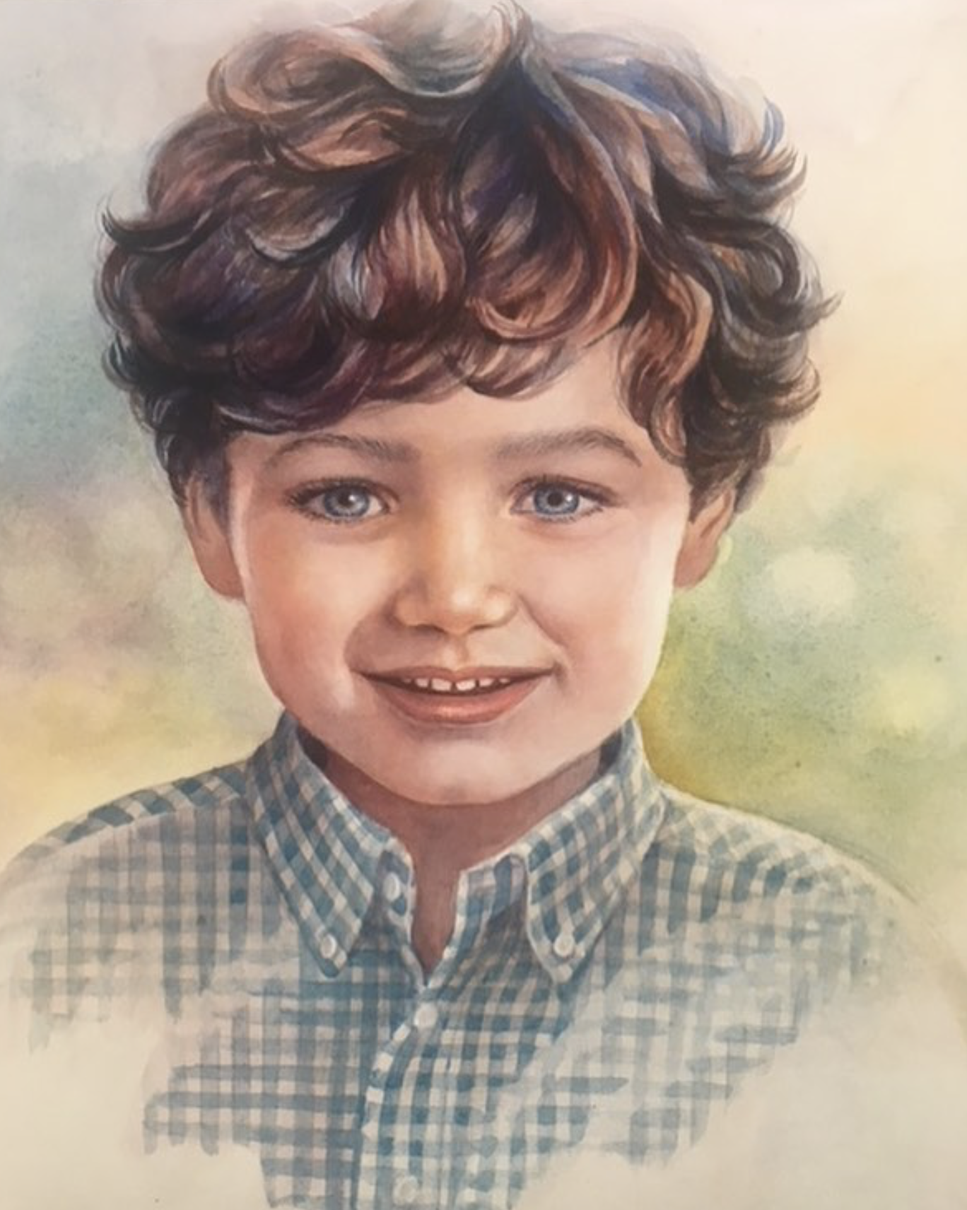 A watercolor painting of a young boy with curly brown hair, blue eyes, and a big smile, wearing a checked shirt with a collar against a soft background.
