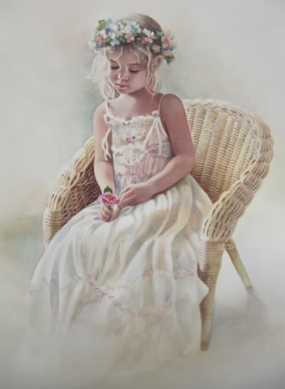 A painting of a young girl sitting on a wicker chair, wearing a floral crown and a light-colored dress with pastel stripes, holding a pink flower.