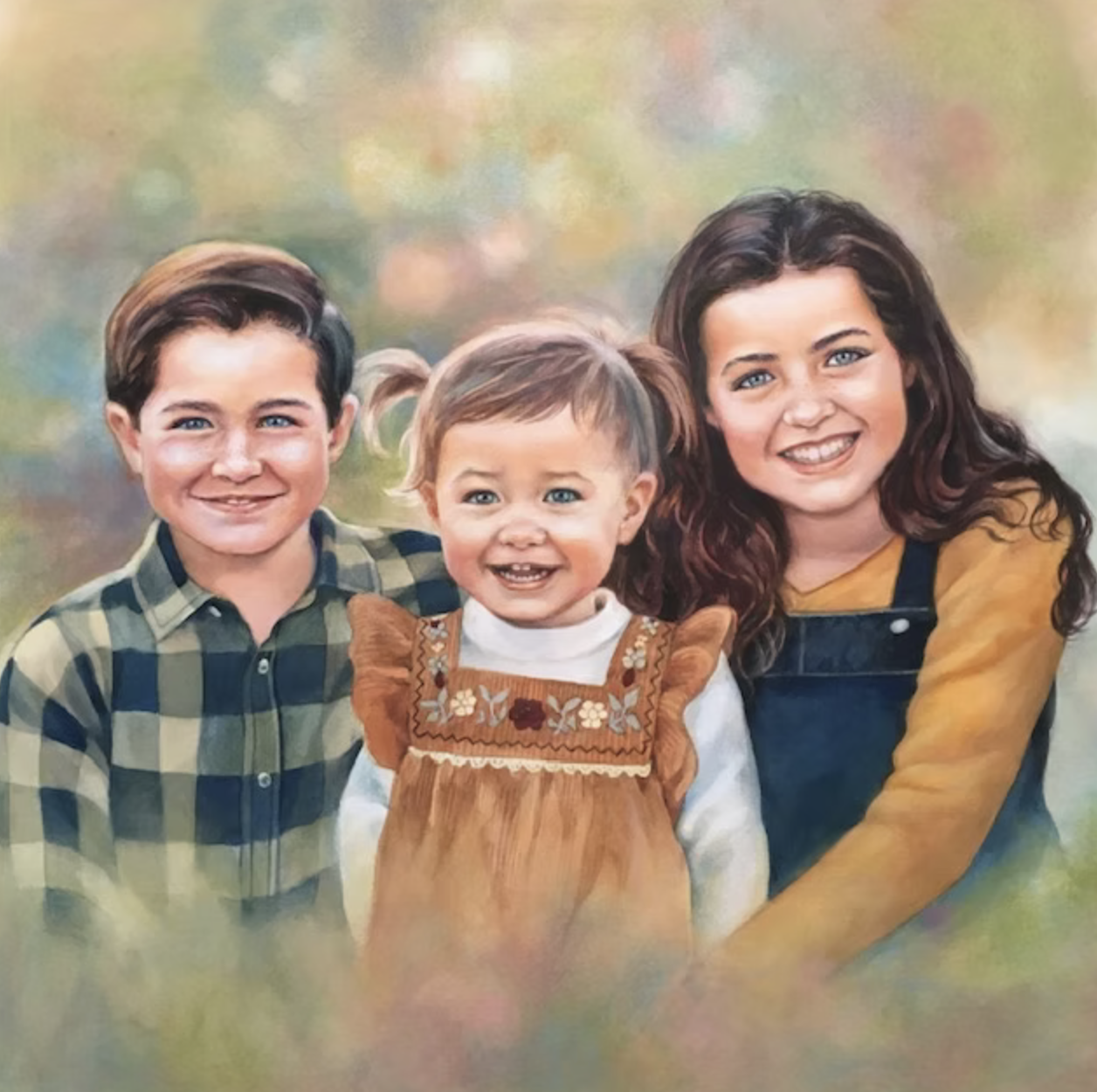 A smiling family of three children outdoors with a blurred autumn background.