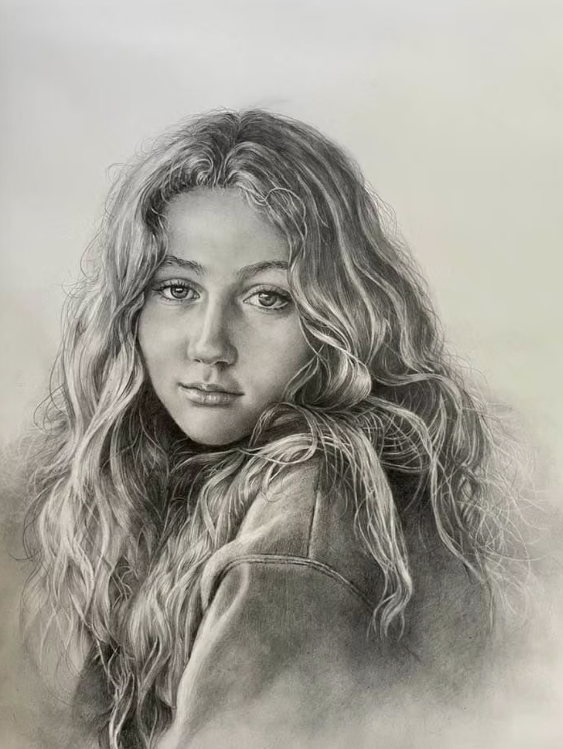 Black and white realistic portrait of a woman with curly hair and a serious expression, wearing a sweatshirt.