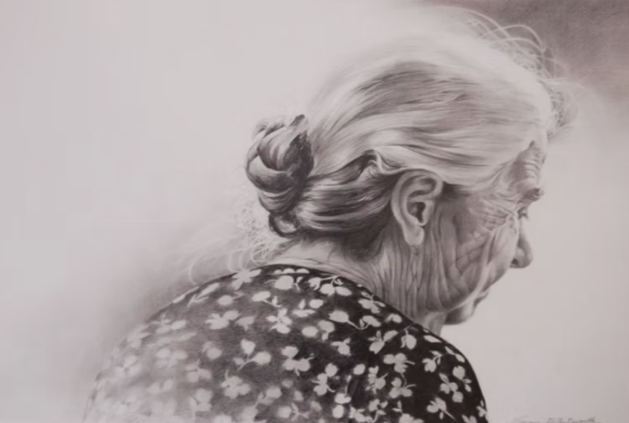 A black and white drawing of an elderly woman with her hair in a bun, looking to the side, wearing a patterned shirt or dress.