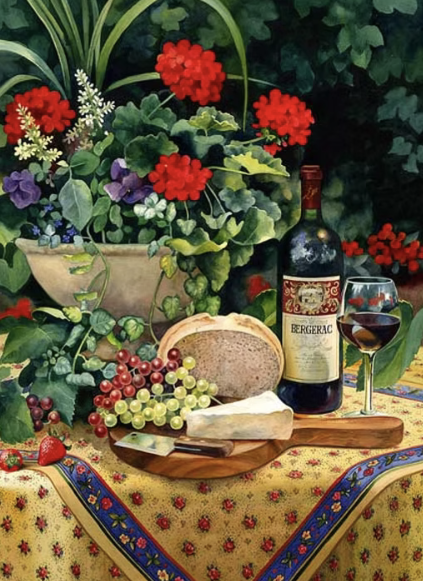 A still life painting of a table with a cheese platter, a bottle of red wine, and a glass of wine. There are also grapes, strawberries, a potted plant with red and purple flowers, and greenery in the background.