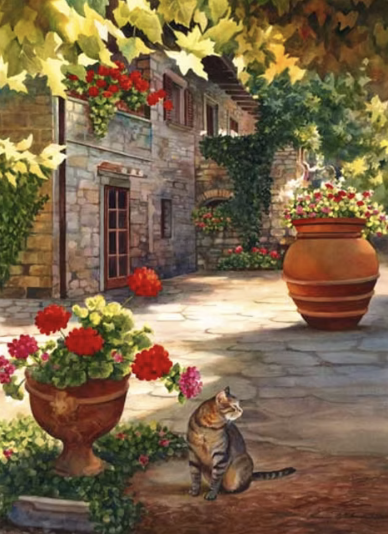 A picturesque stone house with flower pots and climbing ivy, surrounded by colorful blooming flowers, set on a stone patio with a sitting cat.