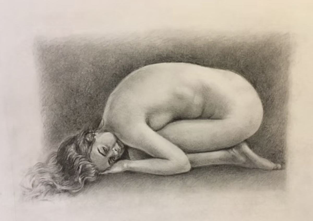 A pencil sketch of a nude woman curled up in a fetal position with her head resting on her arm and her hair spread out on the ground.