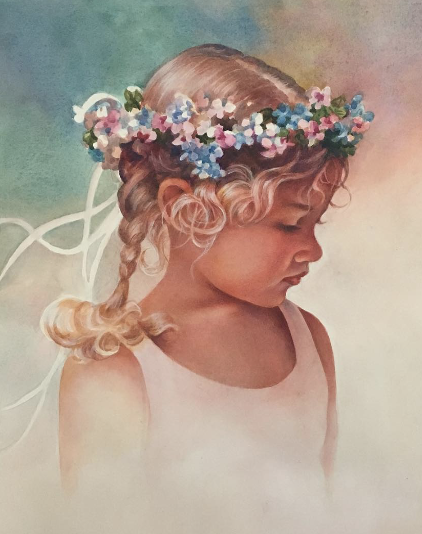 Painting of a girl with curly blonde hair wearing a white dress and a flower crown.
