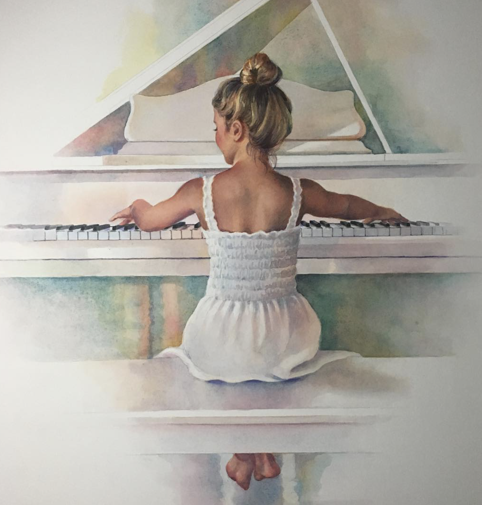 A painting of a girl with a bun hairstyle wearing a white dress, playing a white grand piano. The background of the painting features soft watercolor tones.