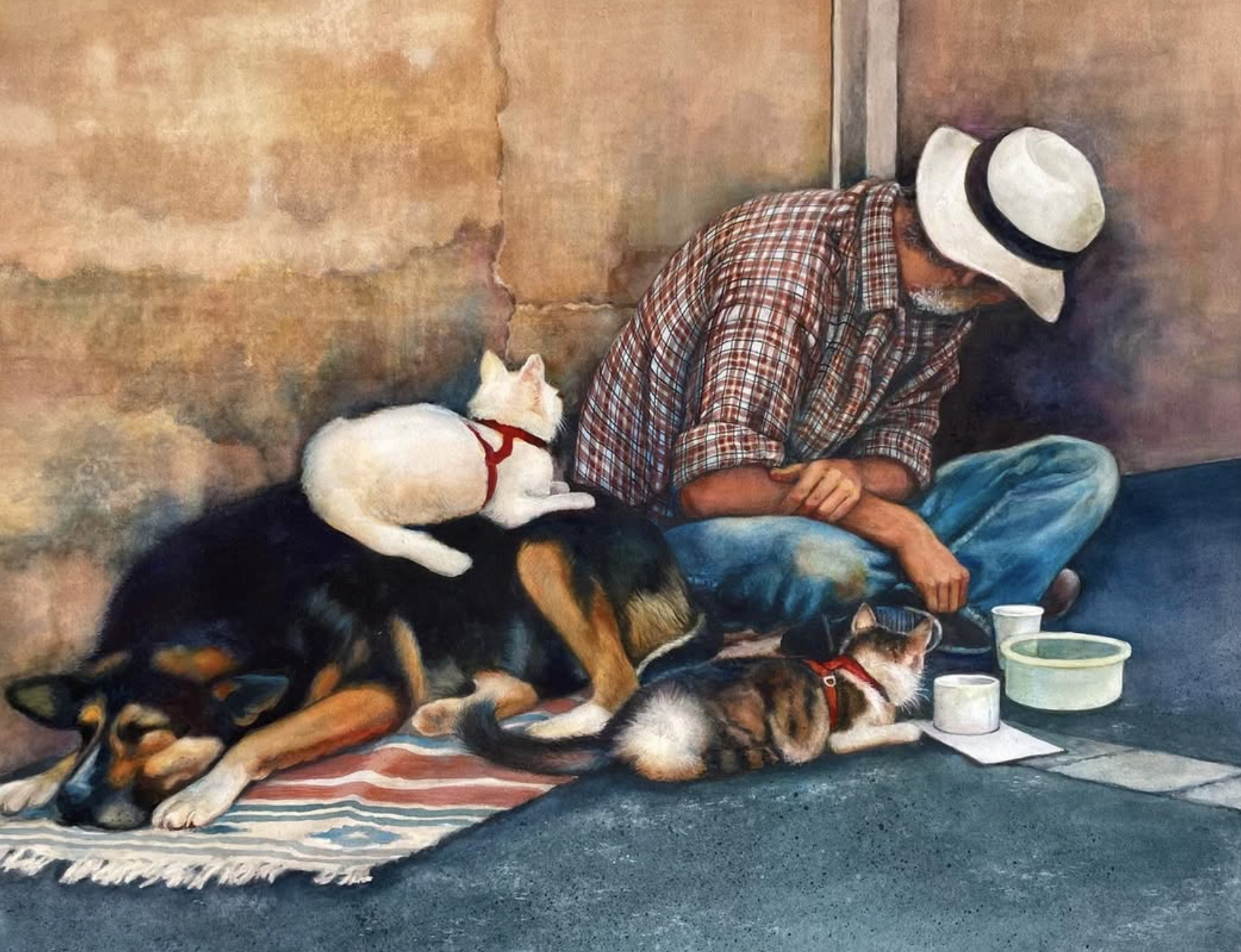 A man sitting on the ground, wearing a checkered shirt, jeans, and a wide-brimmed hat, is surrounded by dogs and cats resting on or near him. One dog is lying next to him, another dog with a harness resides nearby, and a cat is sleeping close to the 