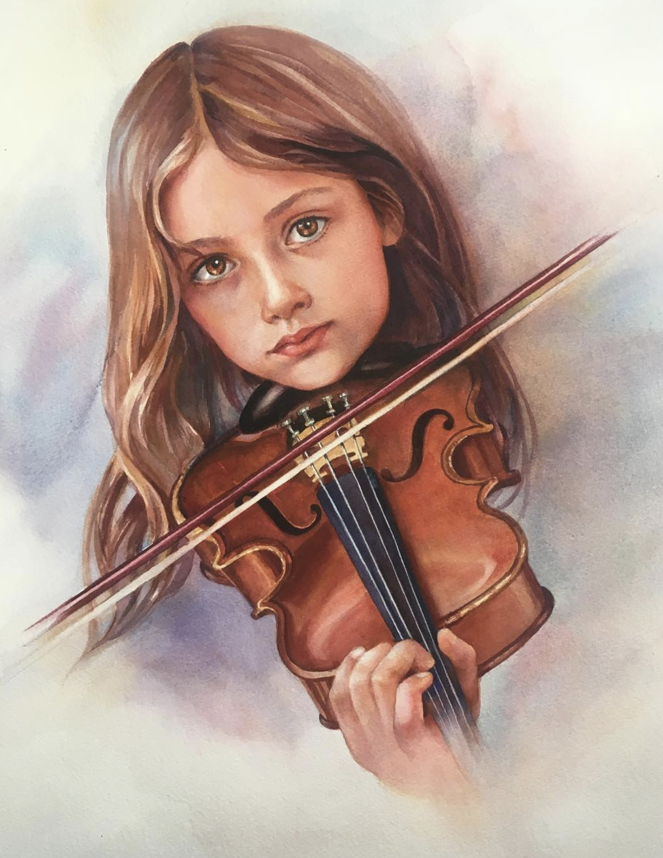 A realistic painting of a young girl with long, wavy brown hair playing a violin.