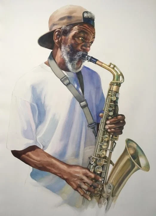 Painting of an elderly man with a gray beard playing a saxophone, wearing a backwards baseball cap and white shirt.