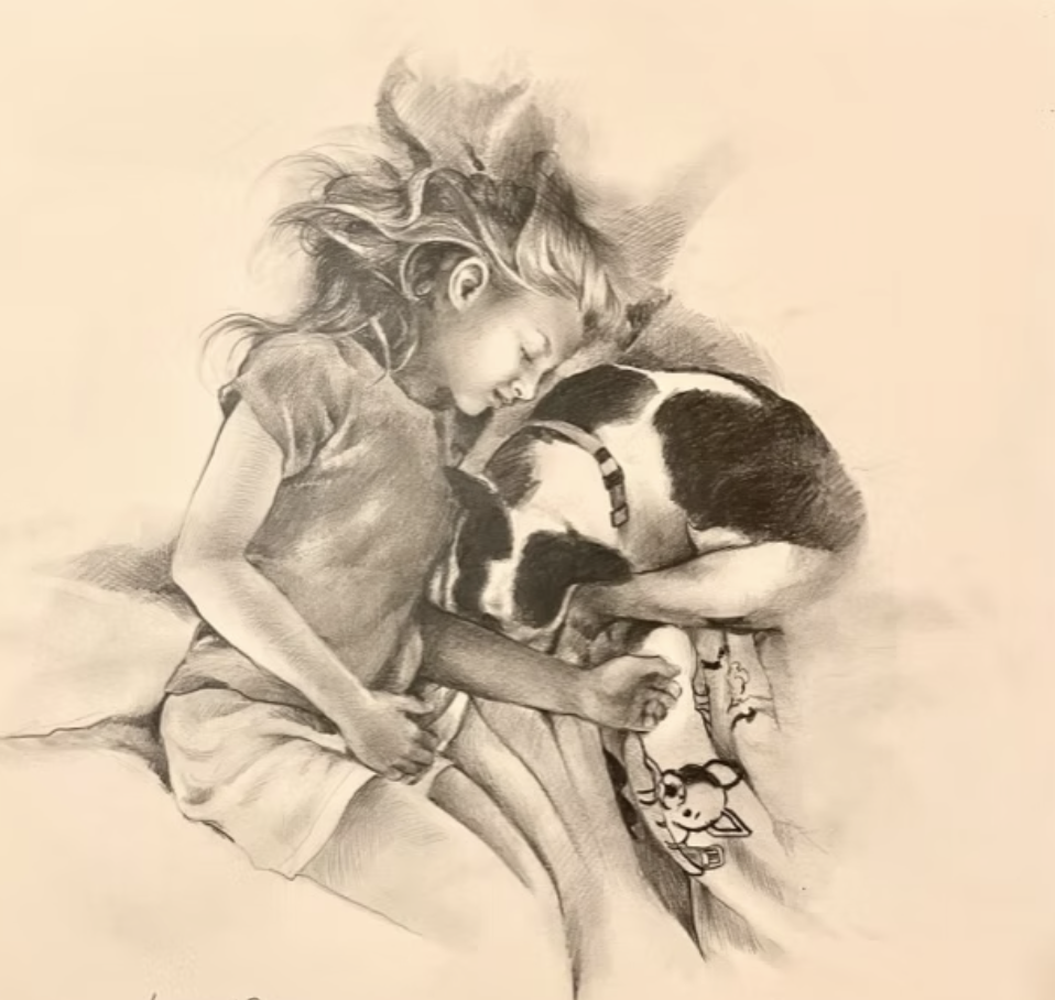 A girl with long hair and a ponytail, wearing a T-shirt and shorts, sitting on a bed, cuddling with her dog, a black and white pitbull, who is lying beside her.