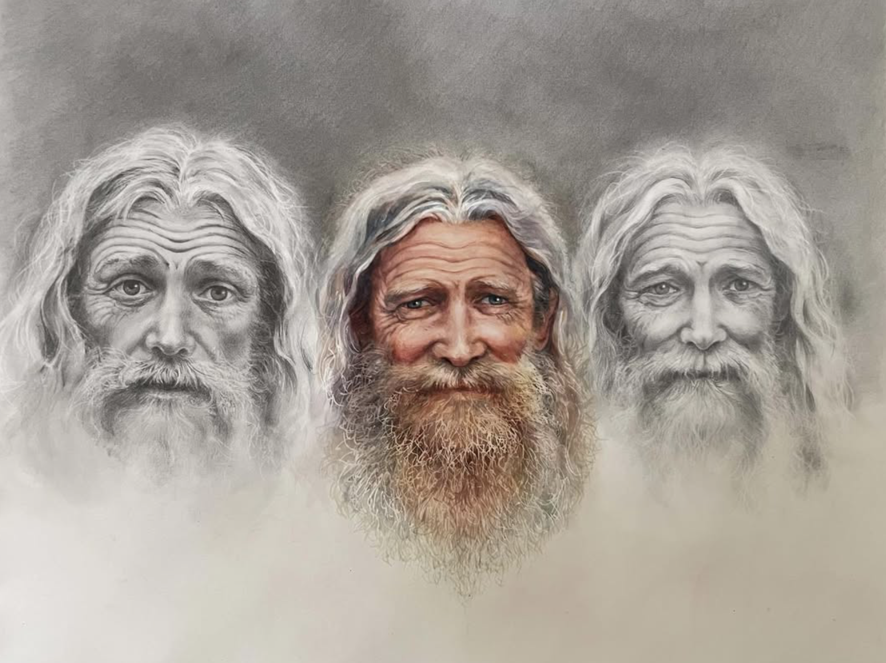 A digital artwork featuring three bearded men's faces. The middle face is colored realistically with blue eyes and a reddish beard, while the two outer faces are monochrome sketches of an older man with long hair and a beard.